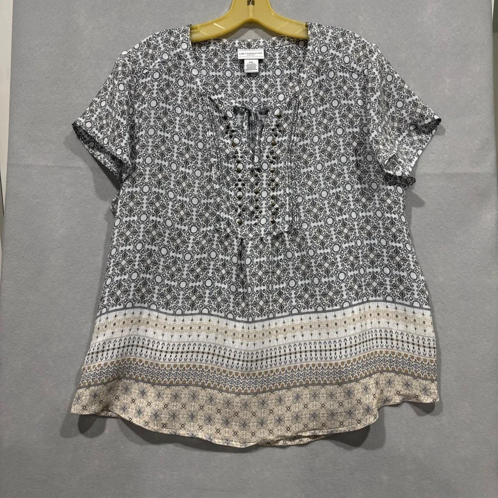 Liz Claiborne Black and White Short Sleeve Tie Front Blouse - Picture 1 of 9